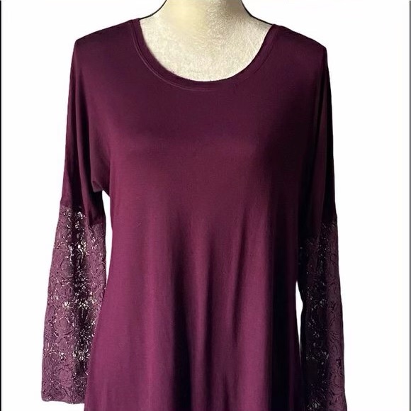 Anthropologie Bordeaux Brand Lace Inset Long Sleeve Top - Picture 4 of 7